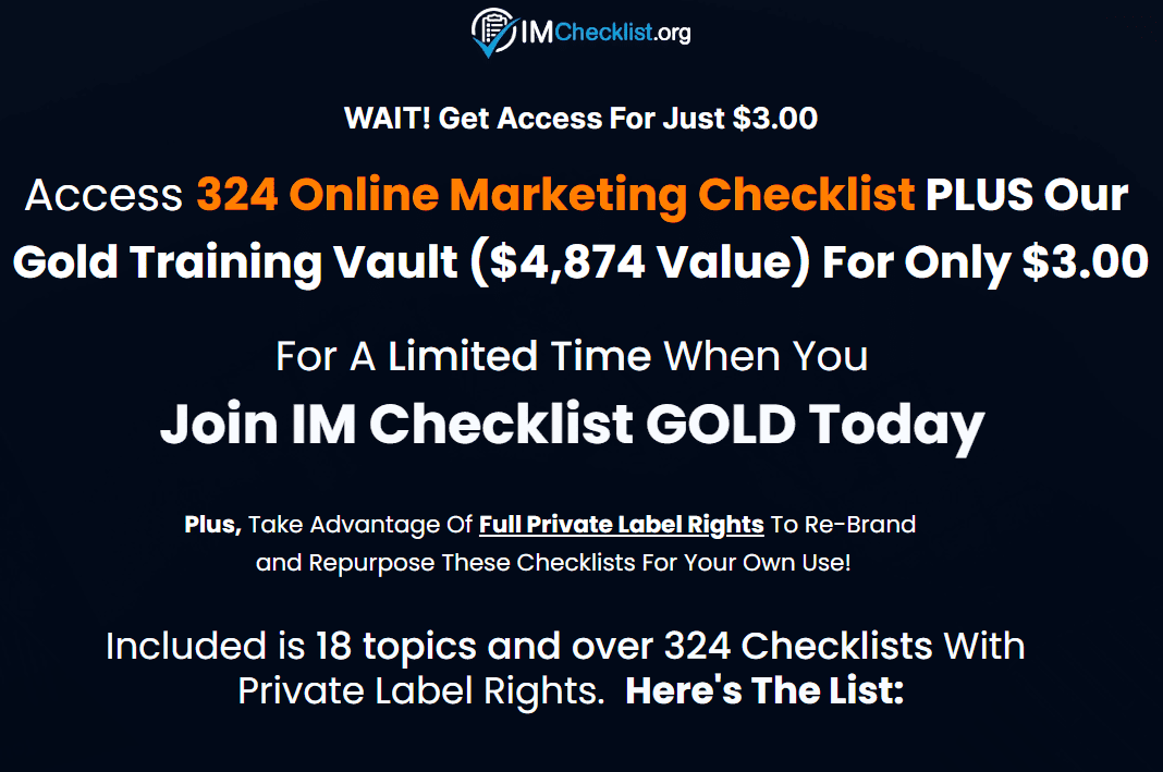 IM Checklist 2nd Upsell Gold Vault Training $3